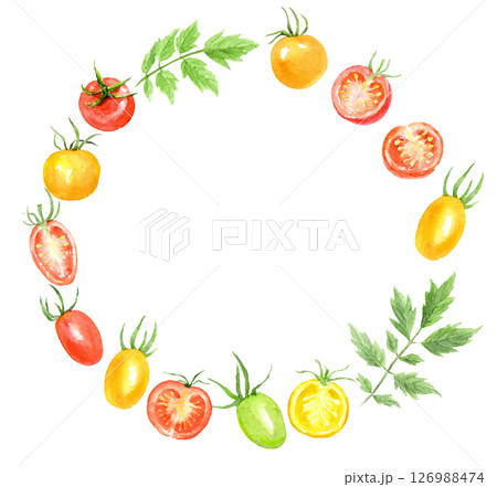 水彩で描いたトマトの円フレーム 126988474