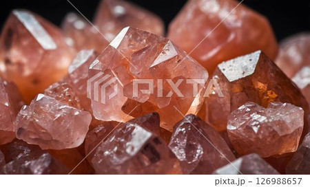 Stunning pink quartz crystals cluster, macro shot with soft lighting, natural gemstone details, translucent mineral structure, elegant rosy shades, sparkling surface, geology close-up 126988657
