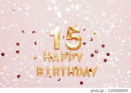 Number 15 fifteen golden celebration birthday candle on Festive Background. fifteen years birthday. concept of celebrating birthday, anniversary, important date, holiday 126988809