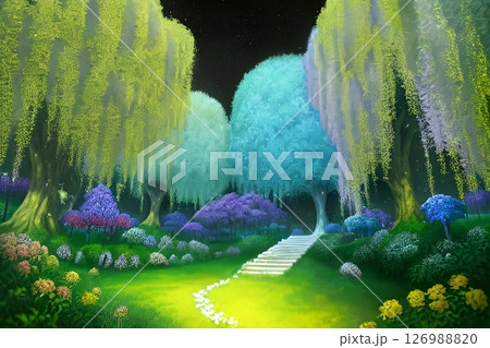 ゲーム背景　真っ暗な夜の森のアジサイが咲く公園 126988820