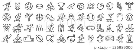 Sport line icon symbol set. Sports icons collection. Logo sign. Swimming, football, ski, winner, bowling, running, golf, tennis. Vector illustration image. Isolated on white background. 126989000
