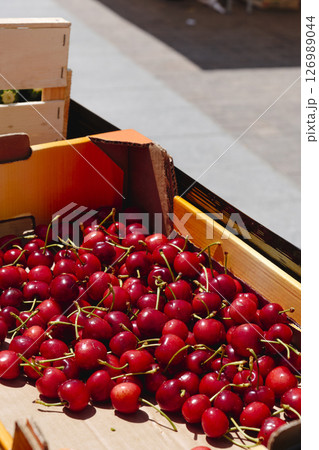 ripe cherries in a cardboard crate ripe cherries in a cardboard crate 126989044