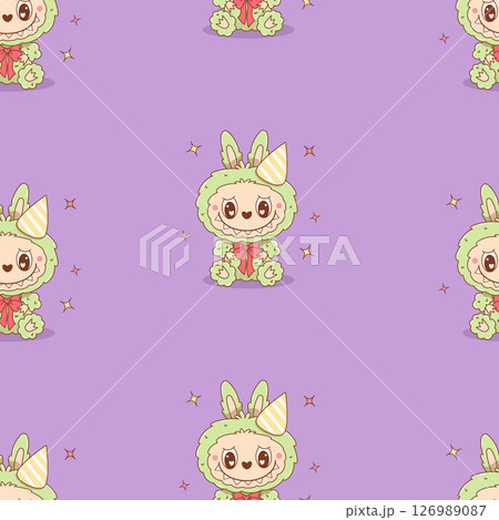 Seamless pattern with Cute Monster Toy Labubu in birthday hat on purple background. Cartoon Funny plush toothy kawaii fantasy character. Vector illustration. Kids collection 126989087