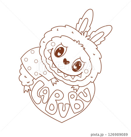 Outline Cute Monster Toy Labubu lying on Heart. Romantic Cartoon Funny kawaii fantasy character. Line drawing, coloring book. Vector illustration. Kids collection 126989089