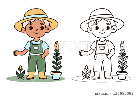 Cute boy blond farmer in overalls. Male Kid Gardening character in hat and overalls set. Isolated Color and Outline linear hand drawing. Vector illustration Cute boy blond farmer in overalls. Male Kid Gardening character in hat and overalls set. Isolated Color and Outline linear hand drawing. Vector illustration 126989092
