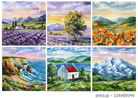 Acrylic landscape painting set with lavender fields, mountain scenery, coastal cliffs, wildflowers, rural house, sunset sky 126989340