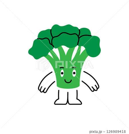 Funny broccoli character standing upright with a cheerful smile. Fresh organic vegetables. Healthy eating. Vector illustration. 126989418