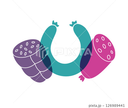 Sausage color icons. Round sausage, delicious sausages. Meat products logo template. Vector illustration. Sausage color icons. Round sausage, delicious sausages. Meat products logo template. Vector illustration. 126989441