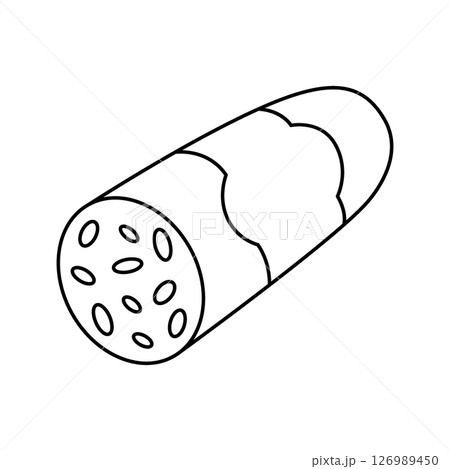 Delicious sausage outline symbol. Butcher shop meat. Vector illustration. 126989450