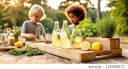 Children preparing refreshing summer lemonade with fresh herbs and lemons on a wooden table in a bright outdoor setting, capturing the essence of summer fun and creativity 126989671