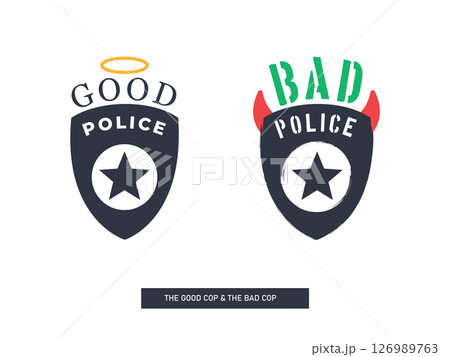 Two Police Badges Representing Good and Bad Cops. Isolated Vector Illustration Two Police Badges Representing Good and Bad Cops. Isolated Vector Illustration 126989763