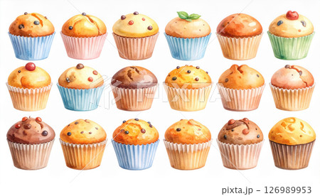 Delightful array of watercolor muffins showcases their moist and soft appearance 126989953