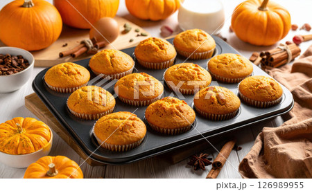 Freshly baked pumpkin muffins in tray surrounded by autumn ingredients, evoking cozy and warm atmosphere 126989955