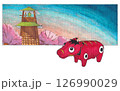 桜のときの鐘の前で待つあかべこ 126990029