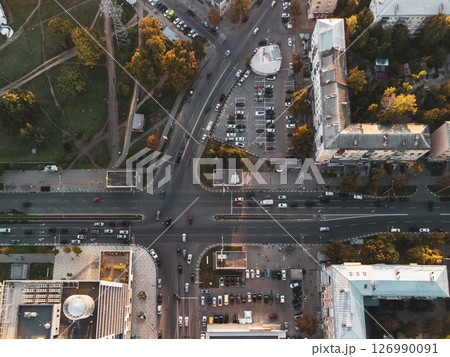 Aerial Look Down on Busy Crossroad in City Center Aerial Look Down on Busy Crossroad in City Center 126990091