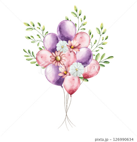 Foil red and purple bunch of balloons. Watercolor pastel cotton candy. Hand drawn illustration isolated on background, transparent png. Cartoon illustration. Baby shower design elements. Party Foil red and purple bunch of balloons. Watercolor pastel cotton candy. Hand drawn illustration isolated on background, transparent png. Cartoon illustration. Baby shower design elements. Party 126990634