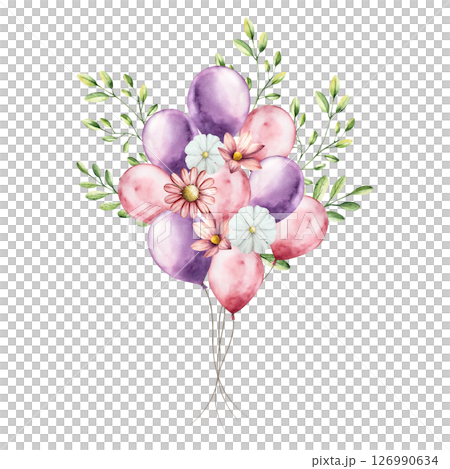 Foil red and purple bunch of balloons. Watercolor pastel cotton candy. Hand drawn illustration isolated on background, transparent png. Cartoon illustration. Baby shower design elements. Party Foil red and purple bunch of balloons. Watercolor pastel cotton candy. Hand drawn illustration isolated on background, transparent png. Cartoon illustration. Baby shower design elements. Party 126990634