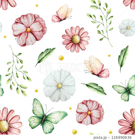 Seamless pattern with beautiful butterflies, flowers and spring branches with leaves. Watercolor hand drawn insect, gerbera, chamomile, echinacea clipart isolated on background. Botanical and wedding 126990636