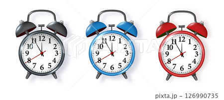 Black alarm clock on white background. Morning, reminder. Vector metal vintage ringing alarm clock on bright white background. Vector 126990735