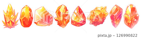 Set of 8 fantasy crystal gemstones in watercolor graphic illustration style, isolated on a transparent background. Orange color tone. Set of 8 fantasy crystal gemstones in watercolor graphic illustration style, isolated on a transparent background. Orange color tone. 126990822