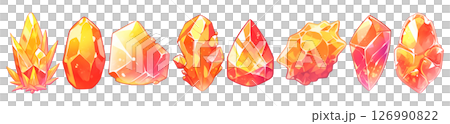 Set of 8 fantasy crystal gemstones in watercolor graphic illustration style, isolated on a transparent background. Orange color tone. Set of 8 fantasy crystal gemstones in watercolor graphic illustration style, isolated on a transparent background. Orange color tone. 126990822