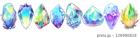 Set of 8 fantasy crystal gemstones in watercolor graphic illustration style, isolated on a transparent background. Blue and green color tones. Set of 8 fantasy crystal gemstones in watercolor graphic illustration style, isolated on a transparent background. Blue and green color tones. 126990828