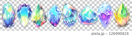 Set of 8 fantasy crystal gemstones in watercolor graphic illustration style, isolated on a transparent background. Blue and green color tones. Set of 8 fantasy crystal gemstones in watercolor graphic illustration style, isolated on a transparent background. Blue and green color tones. 126990828