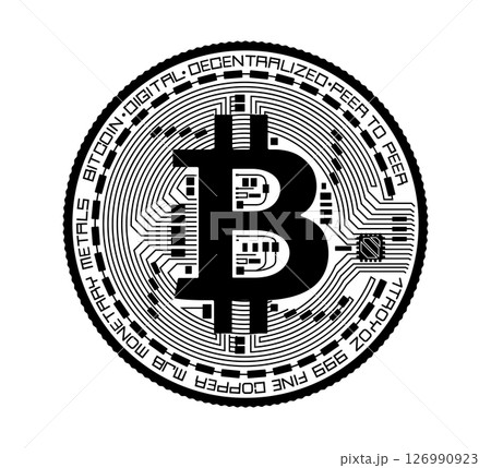 Cryptocurrency coin with a bitcoin symbol. The coin is depicted in black and white. Vector illustration. 126990923