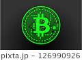 Cryptocurrency green coin with a bitcoin symbol on the face. Isolated on a black background. Vector illustration. 126990926