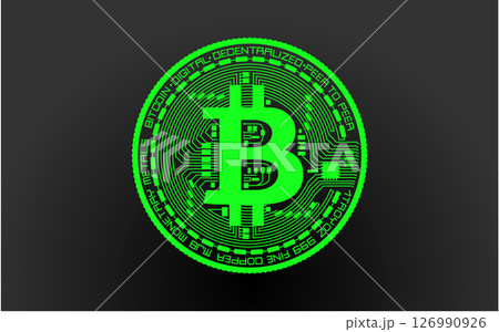 Cryptocurrency green coin with a bitcoin symbol on the face. Isolated on a black background. Vector illustration. Cryptocurrency green coin with a bitcoin symbol on the face. Isolated on a black background. Vector illustration. 126990926