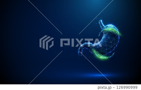 Abstract blue human stomach with green leaves outside. Natural healing and digestive health concept. Abstract blue human stomach with green leaves outside. Natural healing and digestive health concept. 126990999
