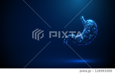 Abstract blue human stomach with gas bubbles inside. Bloating, fermentation, digestive discomfort. Medical concept Abstract blue human stomach with gas bubbles inside. Bloating, fermentation, digestive discomfort. Medical concept 126991000