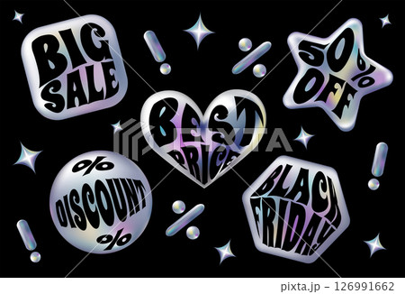 3d holographic retro 90 stickers set. Gradient Chrome Sale, Black Friday and Discount emblems. Holography labels mockup and metal badges of various shapes. Vector Illustration isolated on Black. 126991662