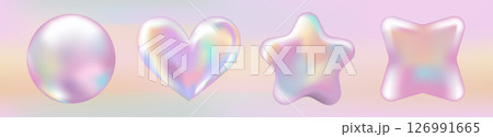 3D Pink Hologram Mockup set, stickers, labels, stamps with different shapes. Chrome abstract badge, certificate and coupon in Y2K style on Gradient background. 126991665