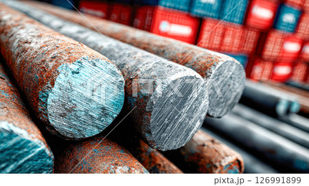 Stacked industrial pipes in various colors, including yellow, blue, and silver, showcasing worn metal textures in a close-up view 126991899