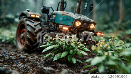 A futuristic tractor drives through a lush field of flowering plants, its headlights glowing and mechanical features detailed with grime and wear 126991905