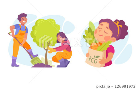 Dedicated gardeners engage in planting trees while also harvesting their own fresh vegetables 126991972