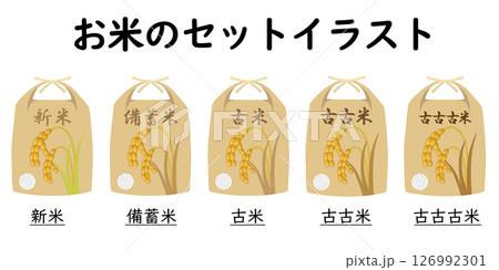 お米(新米、備蓄米、古米、古古米、古古古米)のセットイラスト お米(新米、備蓄米、古米、古古米、古古古米)のセットイラスト 126992301