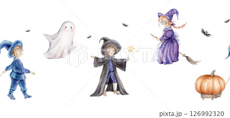 Seamless banner or border for Halloween with wizard in a hat and cloak with a magic wand with stars, fairy or witch on a broomstick, ghost and pumpkin. Hand drawn fantasy illustration for kids' design Seamless banner or border for Halloween with wizard in a hat and cloak with a magic wand with stars, fairy or witch on a broomstick, ghost and pumpkin. Hand drawn fantasy illustration for kids' design 126992320
