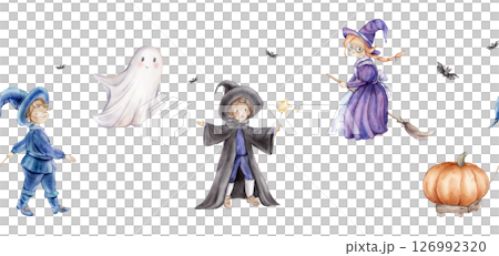Seamless banner or border for Halloween with wizard in a hat and cloak with a magic wand with stars, fairy or witch on a broomstick, ghost and pumpkin. Hand drawn fantasy illustration for kids' design 126992320