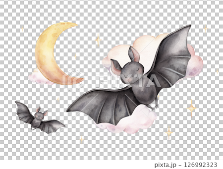 Hand drawn watercolor illustration cute black several bats on sky with moon, stars, clouds, perfect for Halloween and children's decorations. It also ideal for baby shower invitations and nursery art 126992323