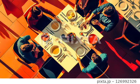 A group of friends gathered for dinner at the table top view. Dinner party in the company of young people, communication, celebration in restaurant. This is AI-generated item 126992326