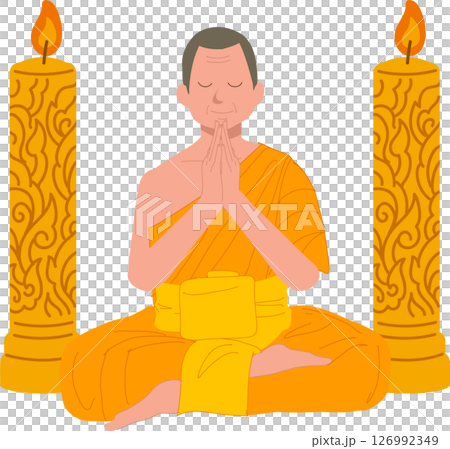 buddhist monk praying with candle light during buddhist lent. 126992349