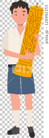 thai schoolboy holding large wax candle for buddhist holiday celebration in thailand cultural festival and asian tradition. thai schoolboy holding large wax candle for buddhist holiday celebration in thailand cultural festival and asian tradition. 126992355
