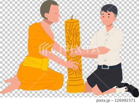 A young Thai student offers a candle to a monk during Khao Phansa at a temple 126992371
