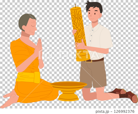 A young Thai student offers a candle to a monk during Khao Phansa at a temple 126992376