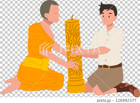 A young Thai student offers a candle to a monk during Khao Phansa at a temple 126992377