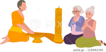 Elderly Thai woman offering candle to monk on Buddhist Lent Day. 126992385