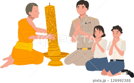Thai school students with teacher present Buddhist Lent candles to monks. 126992388