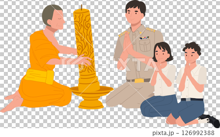 Thai school students with teacher present Buddhist Lent candles to monks. 126992388